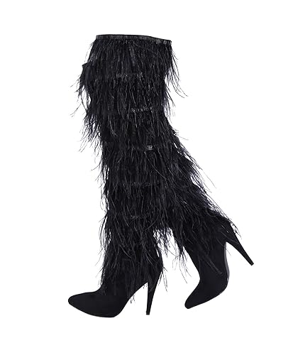 feather thigh high boots