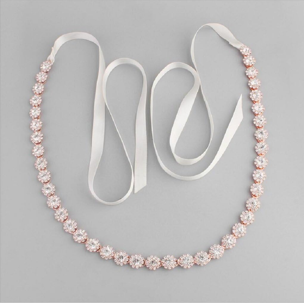 Oriamour Rose Gold Bridal Sash With Ribbons Wedding Belt With Rhinestones For Bride