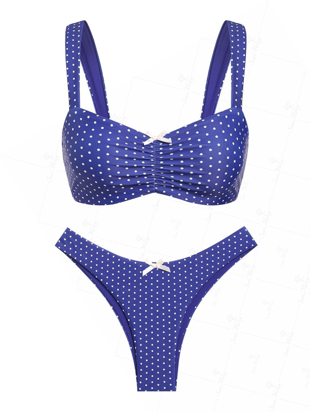 Photo 1 of seamoly Vintage Polka Dots Ruched Bowknot Decor Tank Style Cheeky Bikini Set,Deep Blue,XL