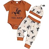 SAYOO This Is My First Rodeo Country Cowboy Funny Infant Baby Boy Bodysuit Long Pants Hat 3Pcs Western Coming Home Outfit