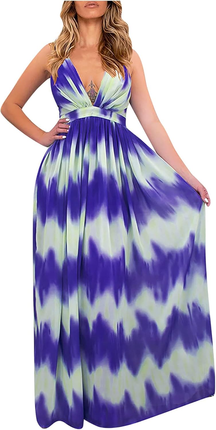 Perome Women's Sundress Rainbow Sleeveless Deep VNeck Split Maxi Long