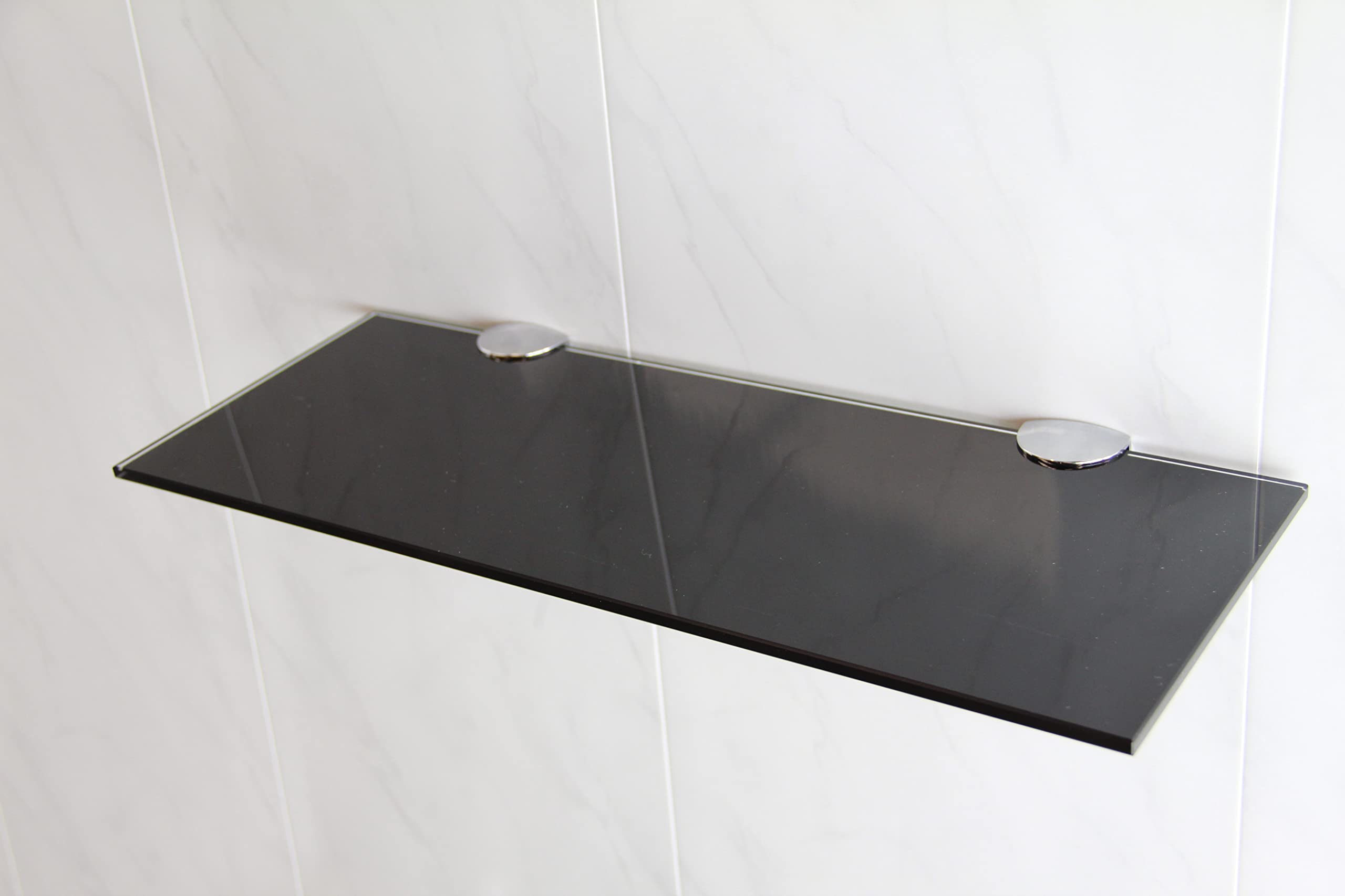 BSM Marketing 6mm Thick Toughened Black Glass Shelves With Large Chrome Finish Shelf Supports 2 size options 400mm by 150mm and 500mm by 100mm (400mm x 150mm)