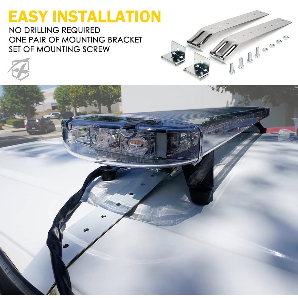 Xprite 48 Inch LED Rooftop Emergency Strobe Warning Lights Bar w/Adjustable Mounting Brackets, for Vehicles, Security, Law Enforcement, Snowplow, Tow Trucks, Crane, Construction Cars - White Amber