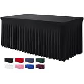BDDC One-Piece Spandex Black Table Cloth Skirt for 6FT Rectangle Tables | GRS-Certified Eco-Friendly Fabric, Elastic Fitted Ruffle Table Cover Skirt, Washable, For Banquets, Weddings &amp; Parties