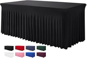 BDDC Table Skirts for Rectangle Tables 6ft - One-Piece Black Tablecloths and Skirt, Wrinkle Resistant Ruffles Elastic Cover for Banquets, Weddings, Events, Parties