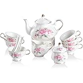 Sweejar Porcelain Tea Set Vintage Floral, British Relief Gold Rim Teapot Cup and Saucer Sets, 22-Piece Tea Sets for Adults, with Teapot, Sugar Bowl, Milk Jug, Spoons, Cup and Saucer (Pink Flower)