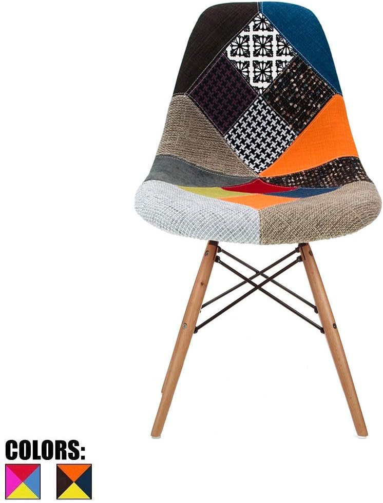 2xhome - DSW Molded Plastic Shell Bedroom Dining Side Ray Chair with Brown Wood Eiffel Dowel-Legs Base Nature Legs (Patchwork S)