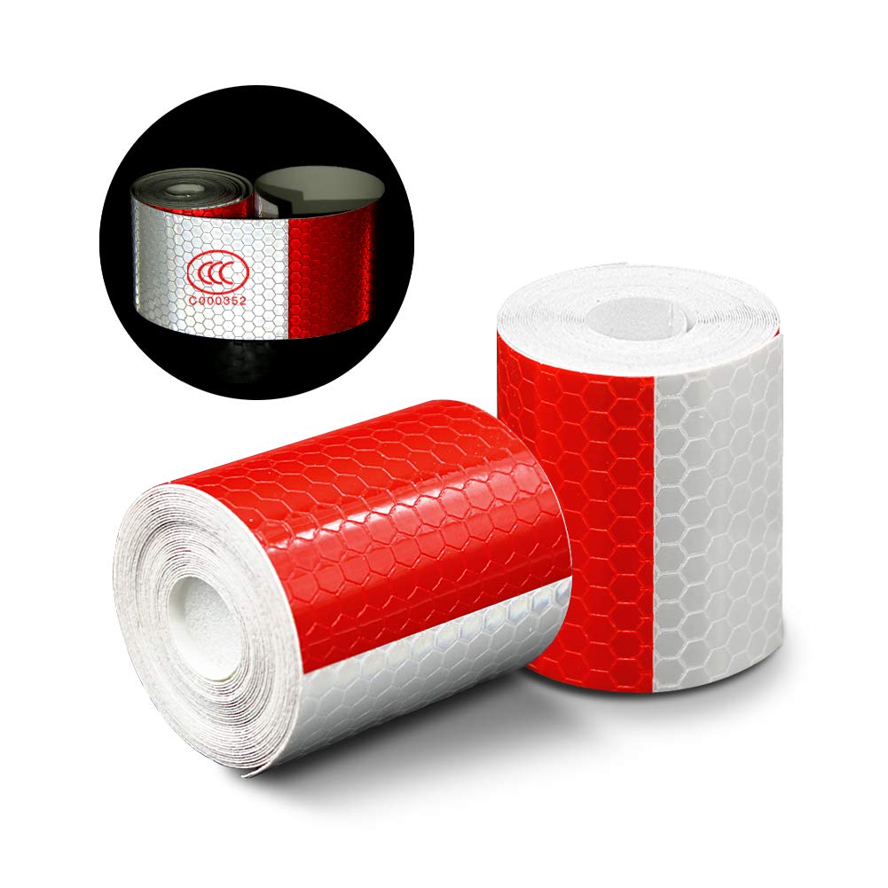 Reflective Tape, 2pcs 3m*50mm High Intensity Prismatic Waterproof Reflective Safety Warning Tape Vinyl Roll Self-Adhesive Security Marking Tape (Red&White)
