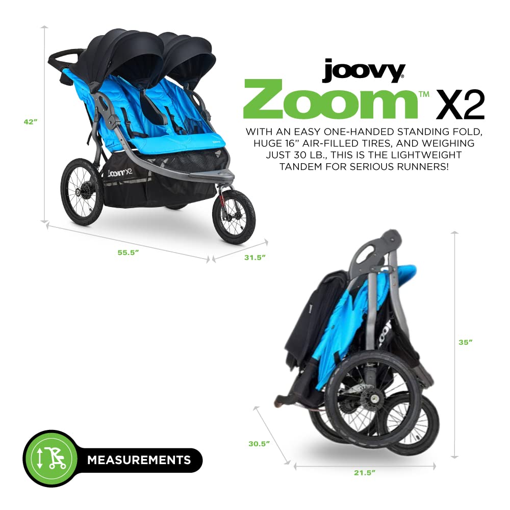 Joovy Zoom X2 Lightweight Performance Double Jogging Stroller Featuring Extra-Large Pneumatic Tires with Air Pump Included, Locking and Swiveling Front Tire, and Easy One-Handed Fold, Glacier