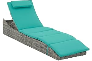 Soleil Jardin Folding Outdoor Adjustable Chaise Lounge Chair with Removable Cushion, Fully Assembled, Patio PE Rattan Reclining Lounger for Pool Beach, Turquoise