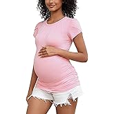 DEBELLY Maternity Top Short Petal Sleeve Shirt Ruched Side Pregnancy Tunic for Casual Wear Basic Maternity Tee