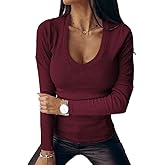 Fessceruna Womens Long Sleeve Shirts Tops Fall Deep V Neck Ribbed Casual Slim Fit Basic Sexy T-Shirt 2025