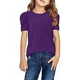 storeofbaby Girls Puff Short Sleeve Shirts Round Neck Tunic Tops Casual Solid Blouses 5-14 Years