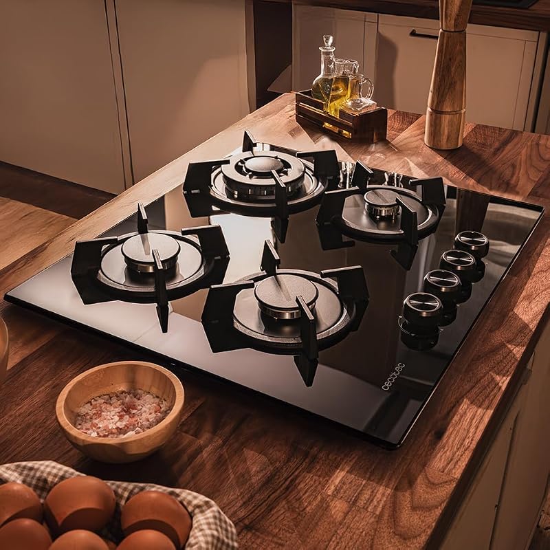 Gaskochfeld Bolero Squad GN 4200S Glass Black, 4 Brenner, 8 kW Leistung, Schwarzes Glas, WOK Triplekorona, Gusseisen Einzelgitter, Elektronische Zündung, Sicherheitsventil und GLP-Umrüstung