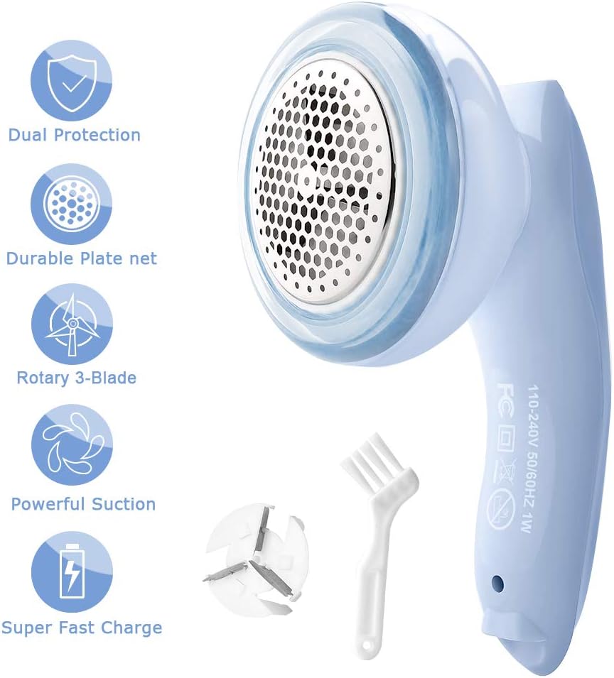 Fabric Shaver Defuzzer,Electric Lint Remover, Rechargeable Sweater Shaver with Replaceable Stainless Steel Blades, Dual Protection, Easy Remove Fuzz, Lint, Pills, Bobbles (Blue)