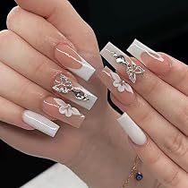 Amazon.com: Medium Press on Nails Square Flower Fake Nails Nude ...