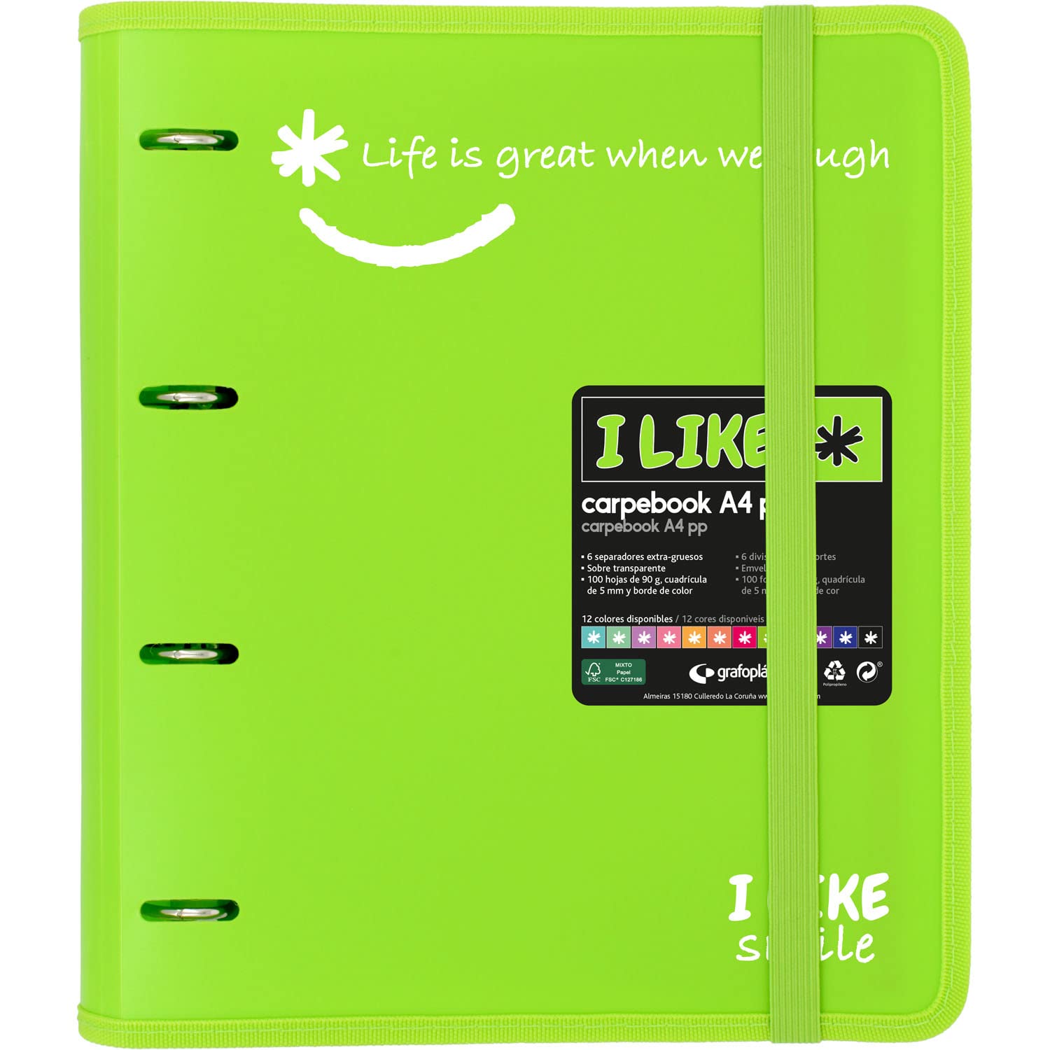 Grafoplás 88101821. 4 Die-Cut Ring Binder with Refill, A4, Green, Semi-Rigid Polypropylene, Includes Dividers, Carpebook Like