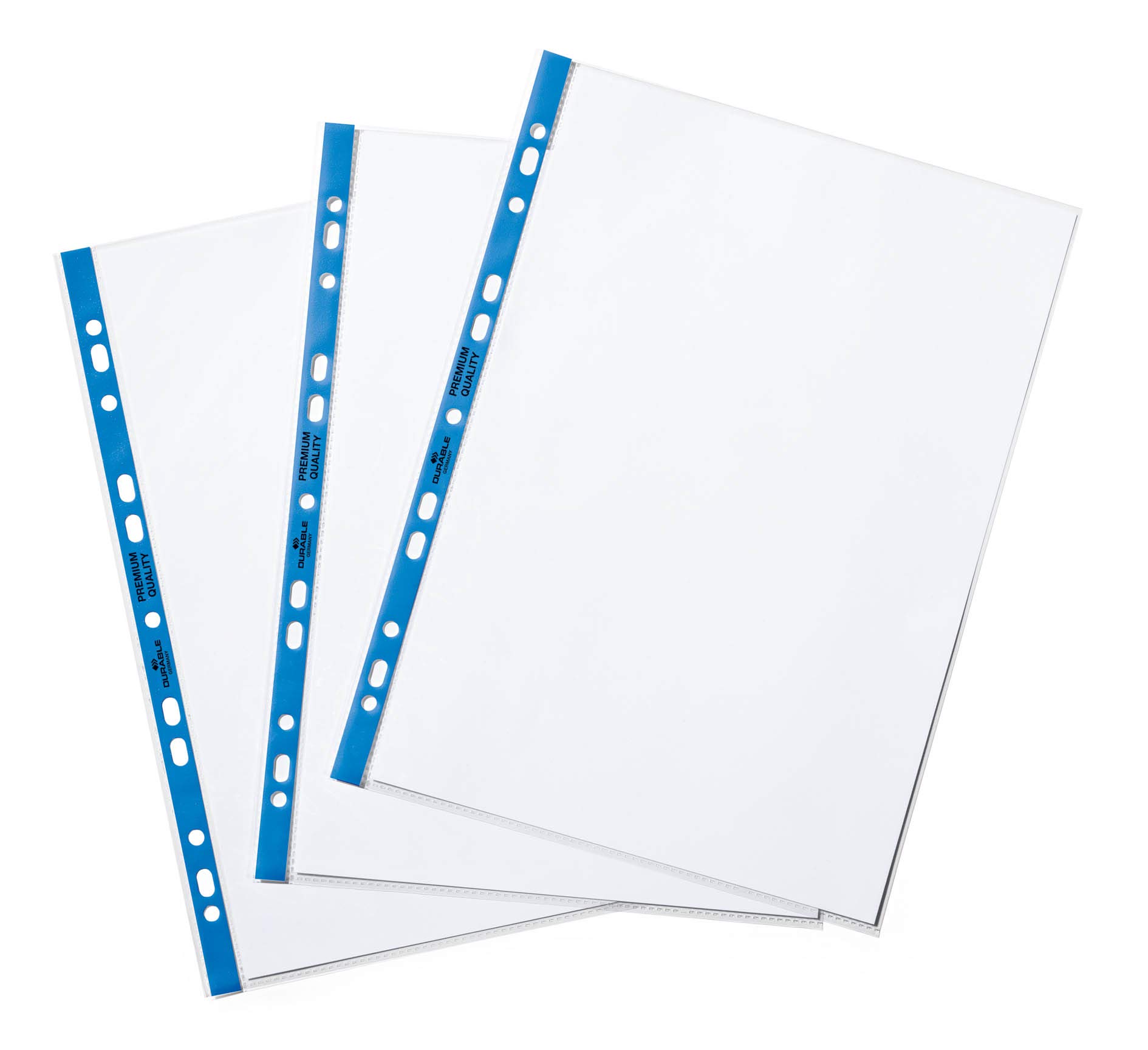 Durable Punched Pocket A4, Open Top, Grained, 90 my, Transparent with Blue Perforated Spine, 100 Pieces