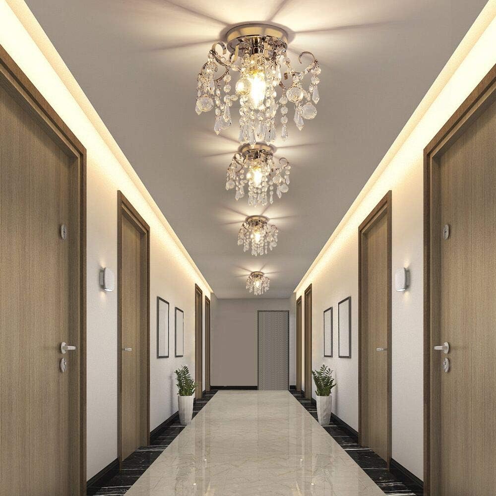 Q&S Mini Crystal Chandelier, Small Chandelier Ceiling Lights, Modern Chrome Flush Mount Ceiling Light Fixture for Hallway, Entryway, Bedroom, Foyer, Bathroom, Kitchen, W9.5",1 Light E12.: Home Improvement
