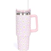 Whaline 40oz Pink Daisy Tumbler with Handle Straw and Lid Cute Flower Travel Coffee Tumbler Cup for Women Friend Holiday Birthday Gift