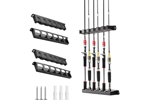 Tcakelox 2 Packs Fishing Rod Holder for Garage Vertical Wall-Mounted Stores 12 Rods or Combos Fits Most Rod Diameters (Vertical Black, 2 Pair 12 Rods)