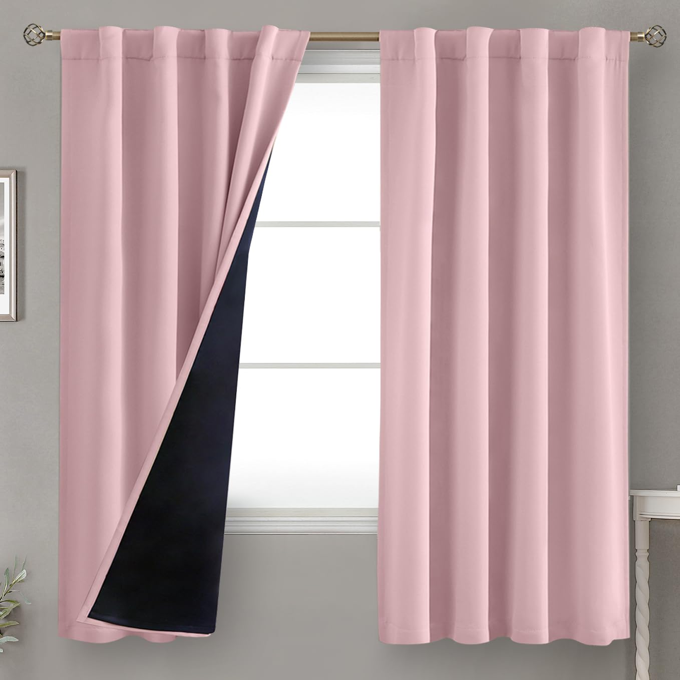 BGment Pink 100% Blackout Curtains 63 Inches Long with Thermal Insulated Liner, Rod Pocket and Back Tab Double Layer Full Room Darkening Window Curtain for Bedroom, 2 Panels,Each 38 x 63 Inch Image