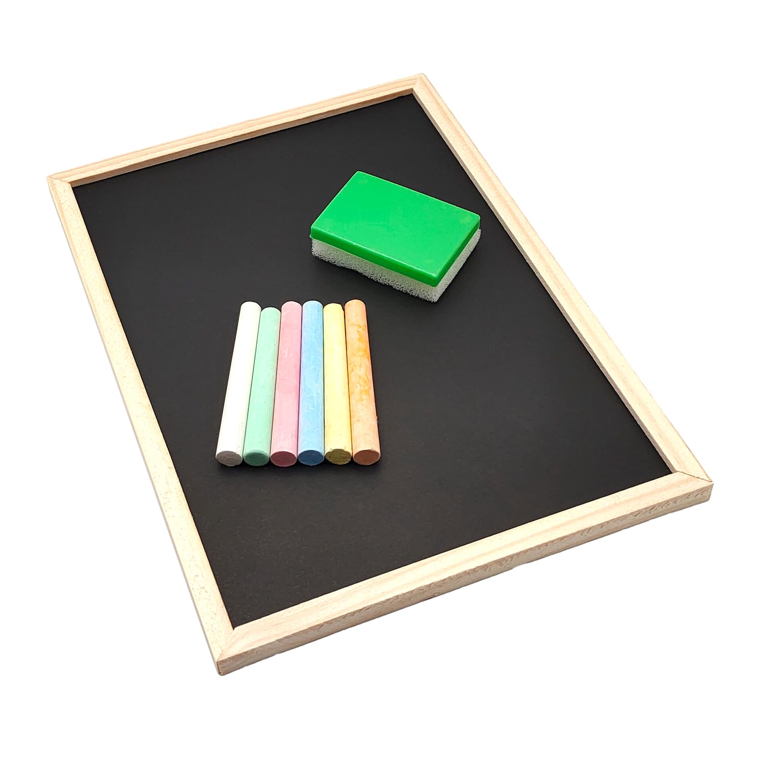 Black Wooden Chalkboard Kit 18 x 25 cm with Natural Frame, 6 Coloured Chalks and Sponge Selfie – Perfect for Creative Messages, Drawings and Educational Games for Children and Adults