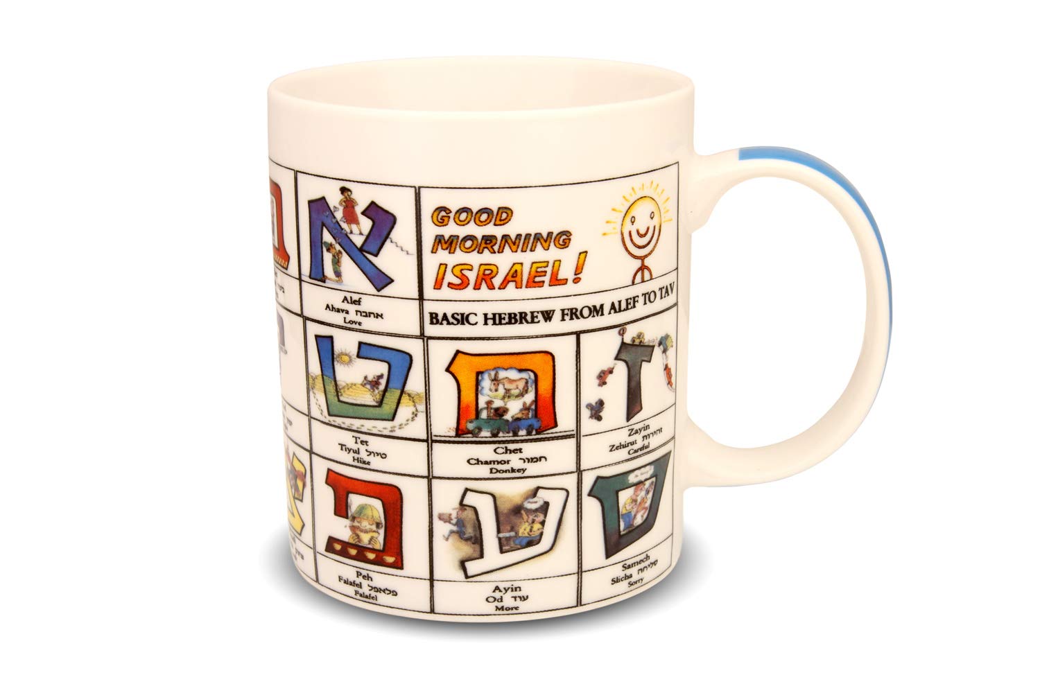 THE JERUSALEM GIFT SHOP SINCE 2004 Hebrew Alphabet Coffee Mug - “Good Morning Israel” Alef-Bet Learning Cup with Israeli Words & English Phonetics (Alef to Tav)