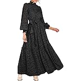 MITILLY Women's Fall Dresses Elegant Floral High Neck Long Sleeve Elastic Waist Formal Maxi Dress with Belt