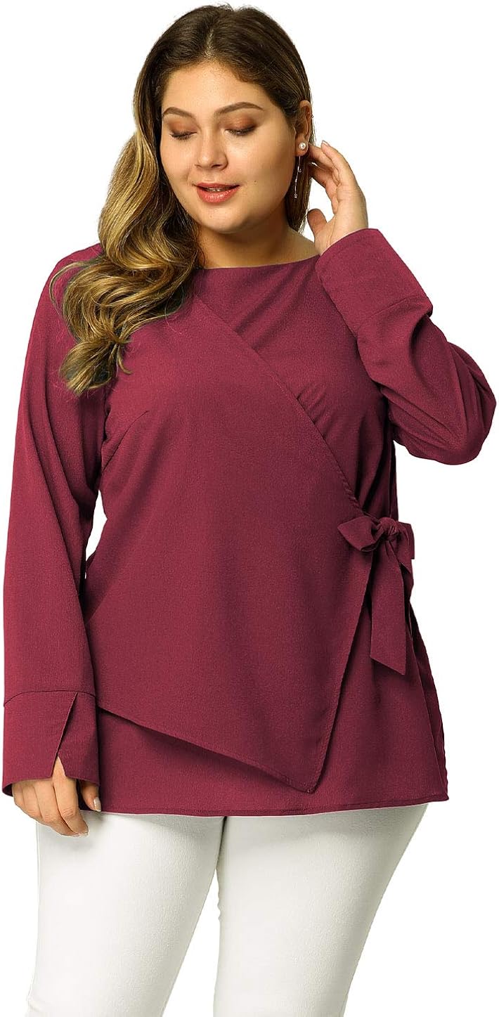 Agnes Orinda Womens Plus Size Work Blouses Overlap Long Sleeve Tie Popover Top Amazon.co.uk