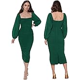 MllesReve Women Long Puffy Sleeve Midi Wedding Guest Dress Ruched Bodycon Tea Length Cocktail Party Dresses Graduation Gown
