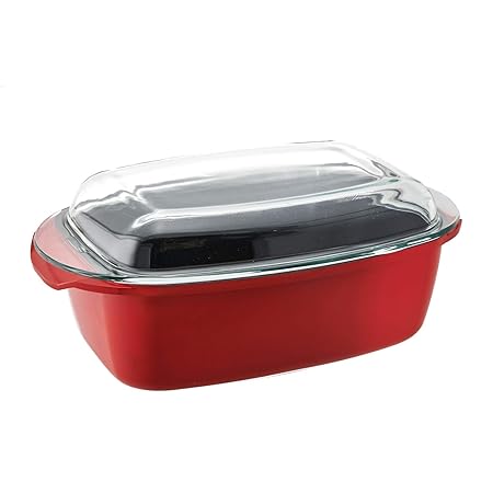 Steinbach Rechteckbräter Rosemond mit Glasdeckel | 6 Liter | Aluguss | Farbe rot | Bräter | schmoren | Schmorpfanne