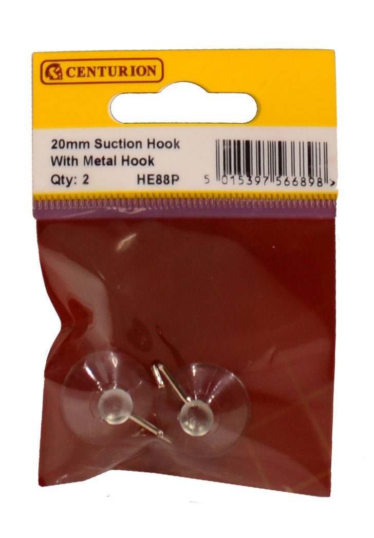 Centurion Clear Plastic Suction Hooks with Metal Clip, 20mm, Clear Pack of 2