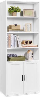 Librería, Estantería Vertical de 6 Niveles, con Puertas, 24 x 60 x 175 cm, para Salón, Estudio, Oficina, Comedor, Blanco Nube LBC402W01