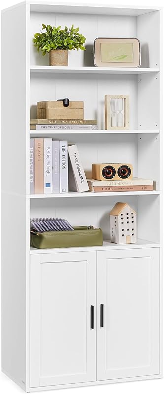 Librería, Estantería Vertical de 6 Niveles, con Puertas, 24 x 60 x 175 cm, para Salón, Estudio, Oficina, Comedor, Blanco Nube LBC402W01
