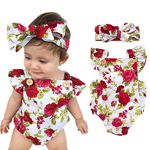 Feel Show Baby Floral Print Ruffles Rompers Newborn Infant Baby Girls Jumpsuit With Headband