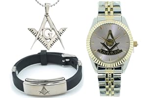 MASON ZONE 3 Piece Jewelry Set - Freemason Pendant, Bracelet & Masonic Past Master's Watch. Duo-Tone Gold Silver Color Steel Band
