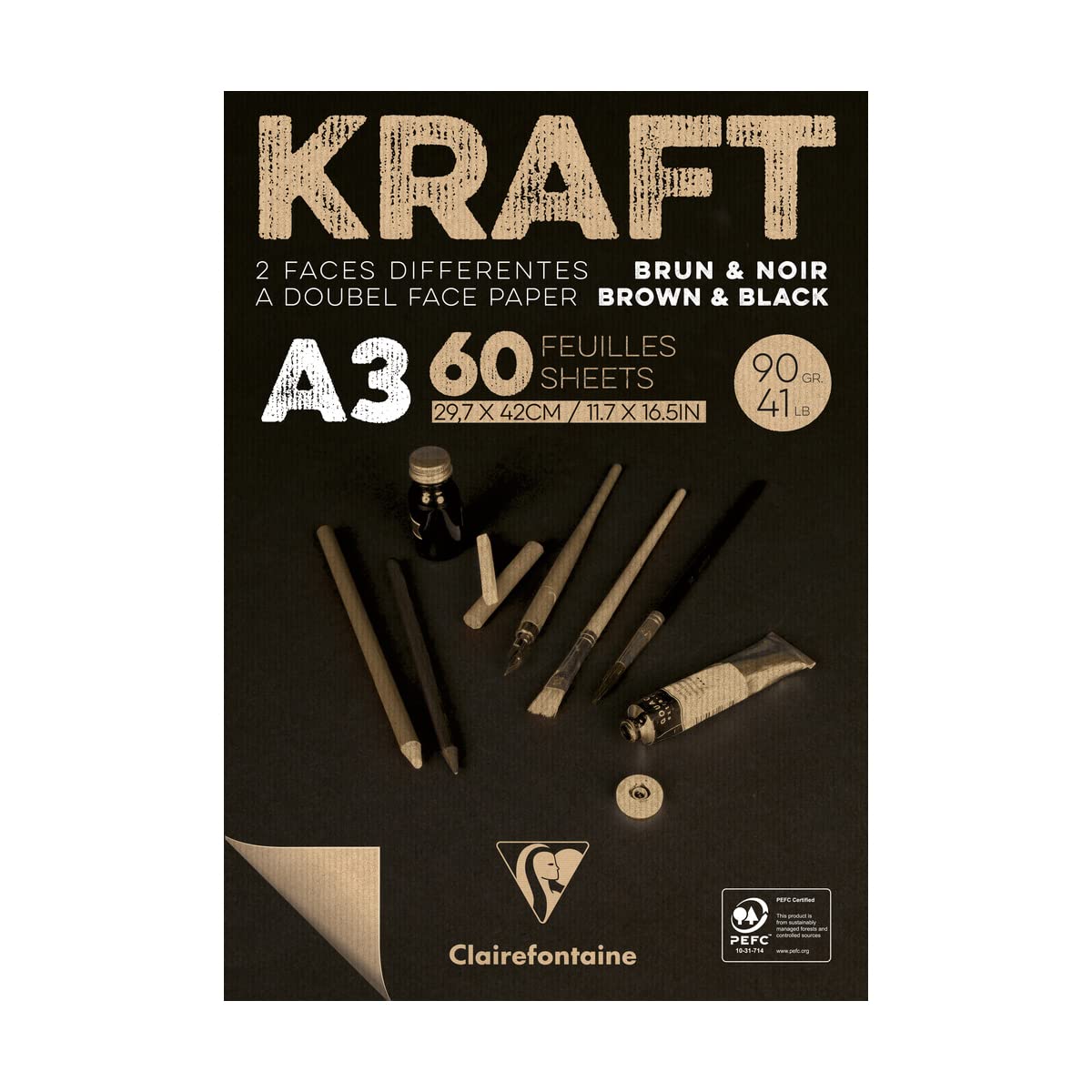 Clairefontaine - Ref 975819C - Kraft Black and Brown Paper Pad (60 Sheets) - A3 (297 x 420mm), 90gsm, Acid Free, pH Neutral, One Side Brown & One Side Black