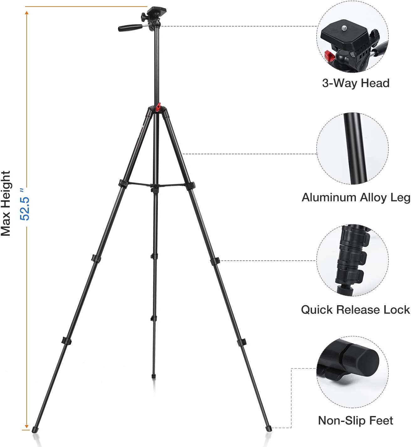 Yesker Phone Tripod，52" Adjustable Premium Aluminum Alloy Tripod Stand with Cell Phone Mount Holder Smartphone Bluetooth Remote Shutter for Travel Zoom TikTok Video Photography Blogging Portrait : Camera & Photo
