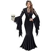 KatchOn Gothic Witch Costume - Adult Black Witch Dress with Collar Choker and Skull | Gothic Dress for Women, Halloween Costume