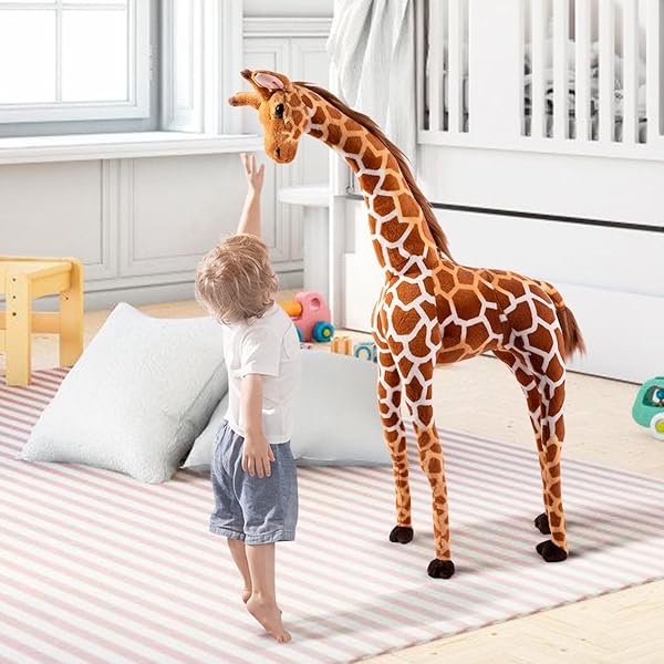 OHKIDS 47” LARGE GIRAFFE STUFFED ANIMAL SET, GIANT GIRAFFE PLUSH TOYS WITH BIRDS, LEAVES, BASKET, TALL GIRAFFE TOY STANDING LIFELIKE, GIFT FOR KIDS NURSERY BABY SHOWER PARTY