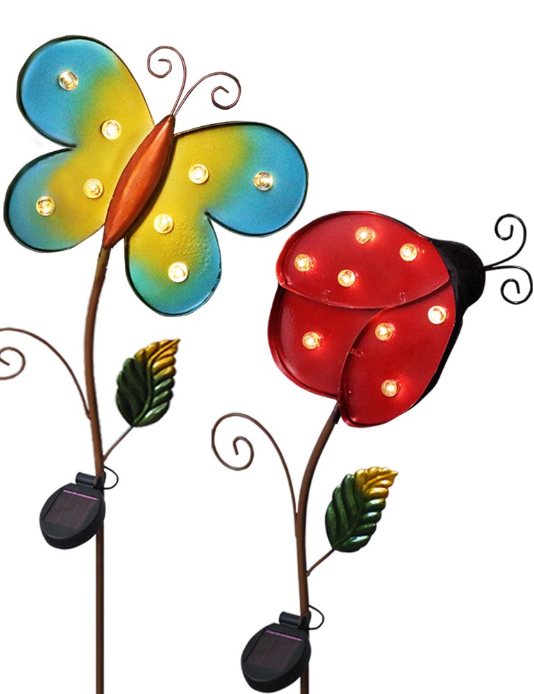 BRIGHT ZEAL [Set of 2] 9.5" Large METAL Ladybug & Butterfly LED Solar