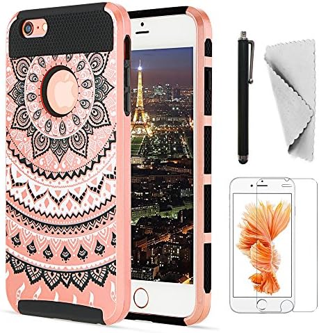 iPhone 6S Plus Case, iPhone 6 Plus Case KXLY Hybrid Slim Case Heavy Duty Shockproof Protective Cover Hard PC Rugged Soft TPU Bumper Dual Layer+Screen Protector+Stylus[Mandala/Light Rose Gold-Black]