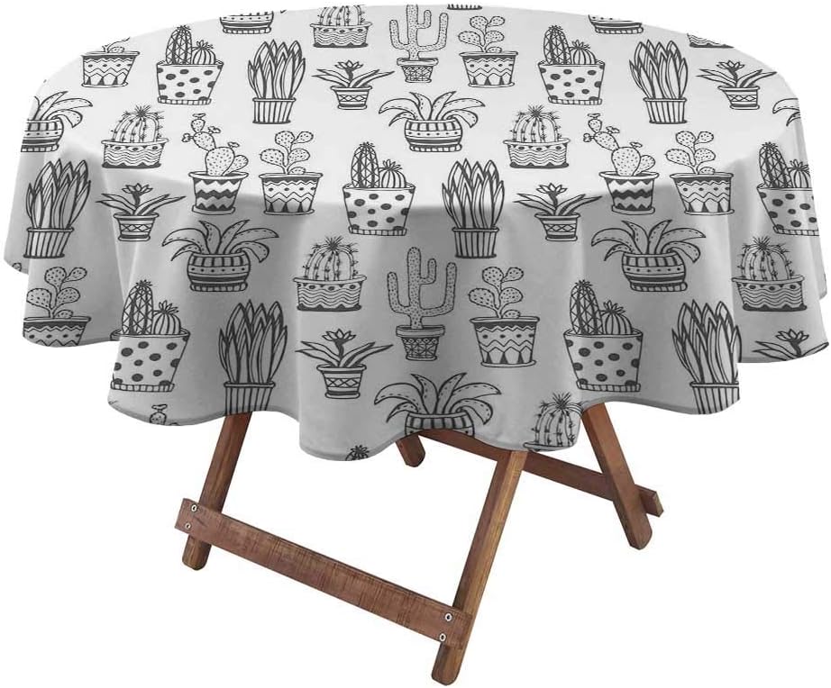 Tablecloth Doodle Flowers in Pots with Polka Dots and Zig Zags Tropical Plants Monochrome Multi Color Table Cloths Table Cover Food and Spills Wipe Up Easily Grey and White (Diameter 70 Inch)