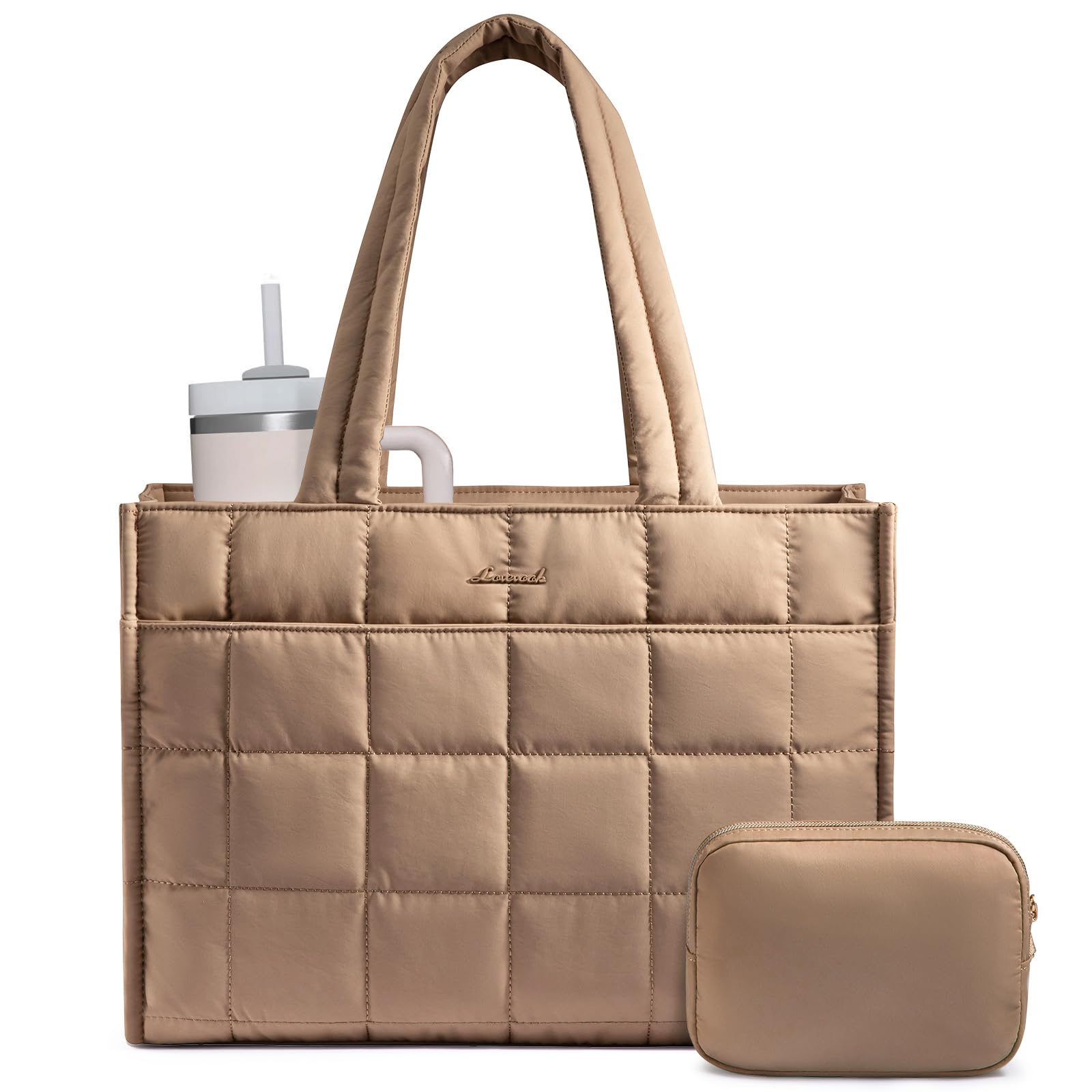 LOVEVOOK Tote Bag for Women, Puffer Work Handbag 15.6 Inch Laptop Purse for Nurse Teacher, Large Quilted Travel Tote Shoulder Bag with Zipper for College Office Clinical Gym, Khaki