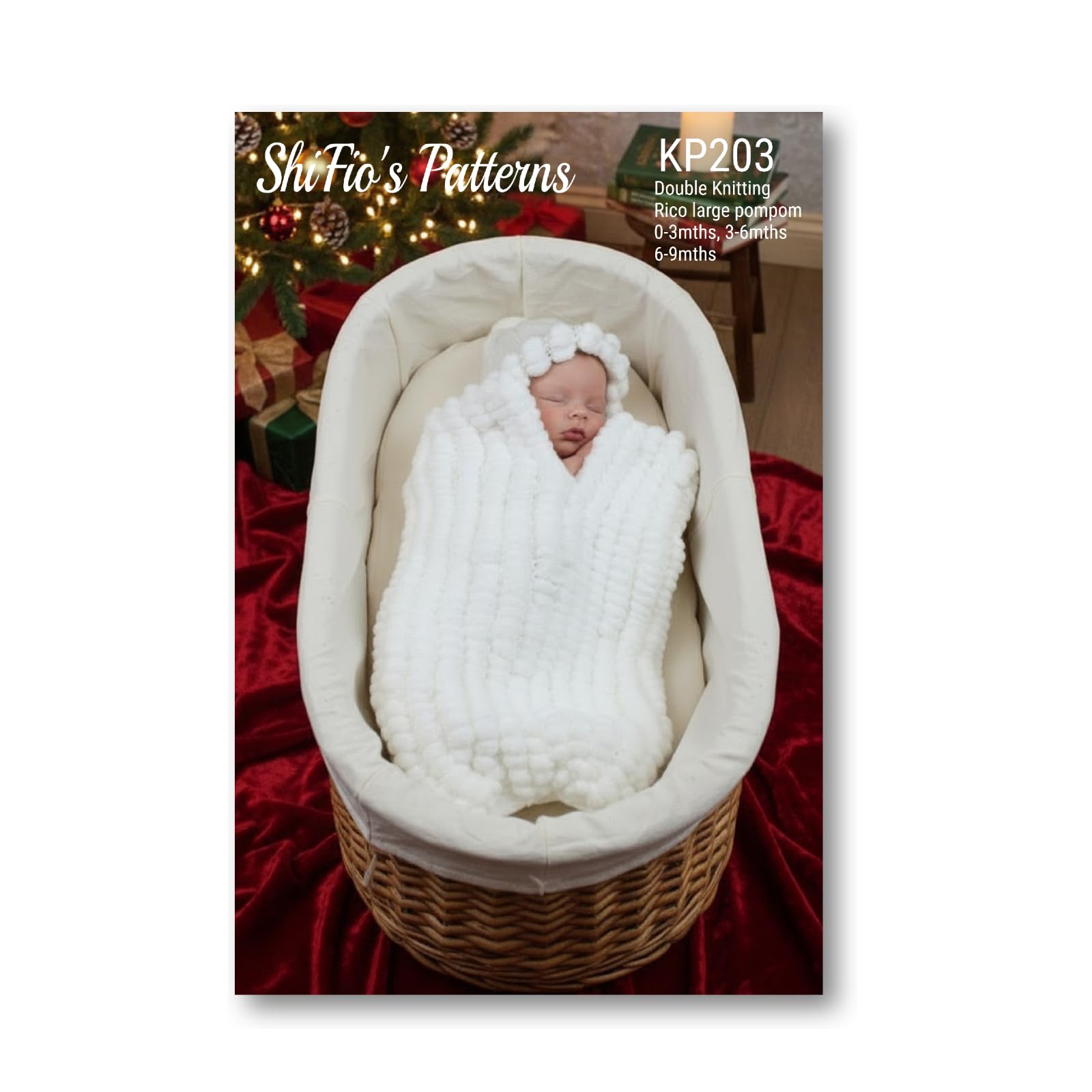 Knitting Pattern for Pom-Pom Yarn, Baby Cocoon and Matching Hat Knitting Pattern in Pom Pom Yarn and Double Knitting, 0-3 Months, 3-6 Months and 6-9 Months, KP203