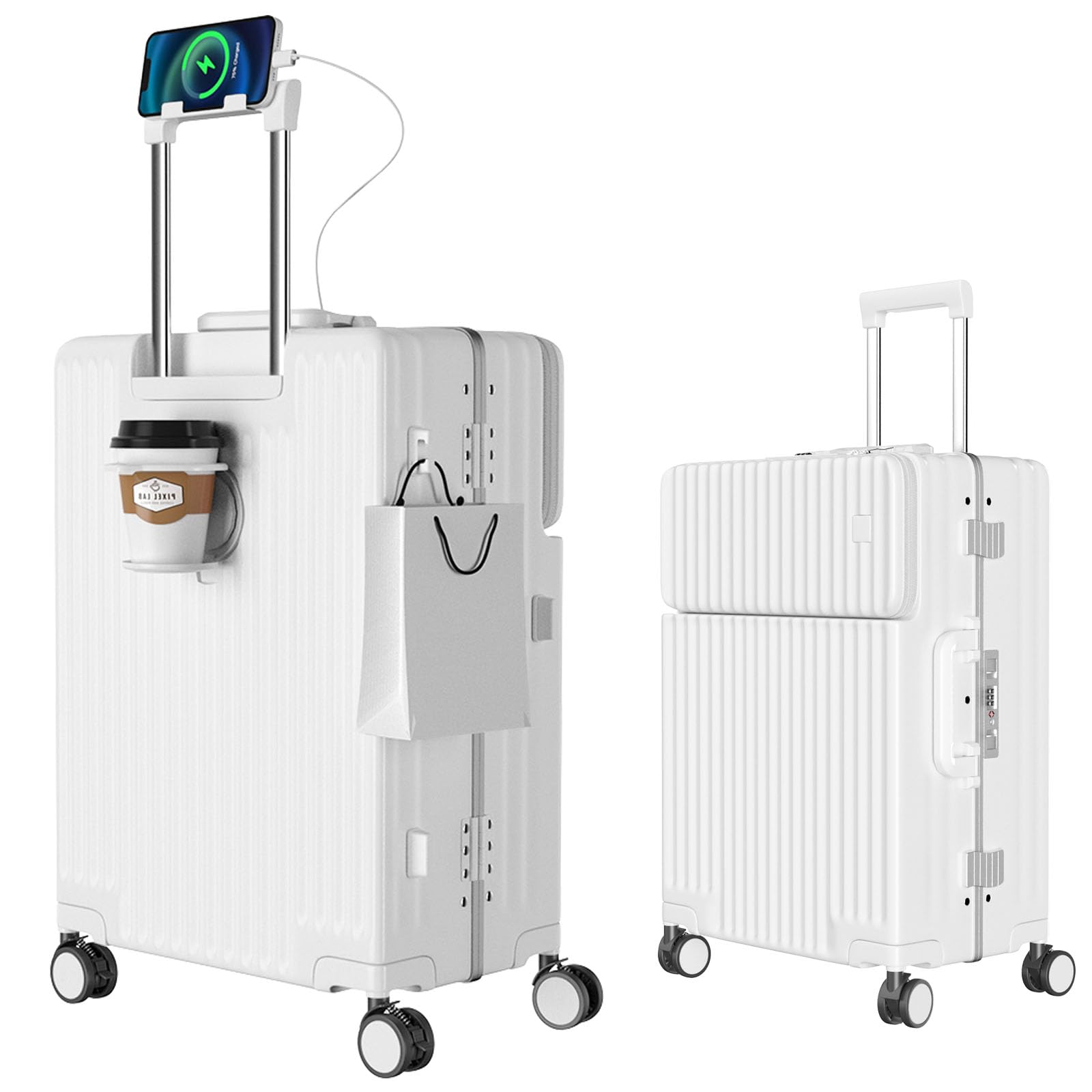 [Ashard] スーツケース 多機能フロントオープン キャリーケース ストッパー付き 機内持ち込み キャリーバッグ 携帯スタンド USBポート付き カップホルダー付き 隠しフック機能 超軽量 耐衝撃 静音 360度回転 ダブルキャスター アルミフレーム ピュアPC材質 大容量 TSAロック搭載 旅行 ビジネス 出張 (ホワイト, Sサイズ /42L /機内持込 （1-3泊）)商品画像