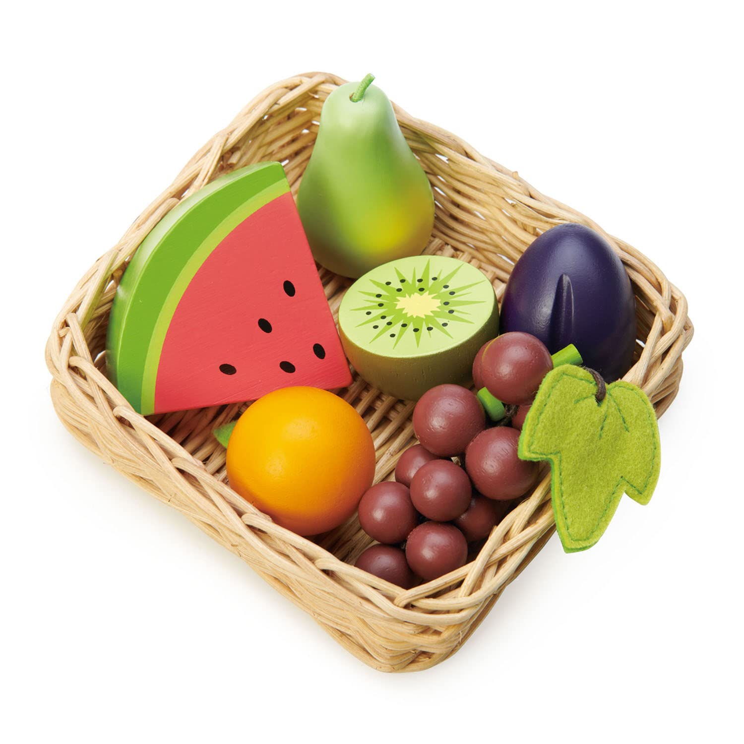 Photo 1 of Tender Leaf Toys - Fruity Basket - 6 Pcs Solid Wood Fruits with Hand-Crafted Basket, Pretend Food Toy Playset Supermarket Shopping Game Play Kitchen Farmer's Market Accessories for Kids - Age 3+
