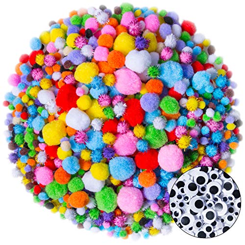 Acerich 1400 Pieces Assorted Pom Poms, Including 1100 Pcs Multicolor Pom Pom Balls Art Crafts, 4 Sizes Wiggle Googly Eyes, 200 Pcs Glitter Pompoms for DIY Creative Decorations (1400 Pcs(Multicolor1))