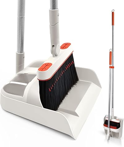 JEHONN Dustpan and Brush Set Long Handle 54in 180° Swivel Grey Red